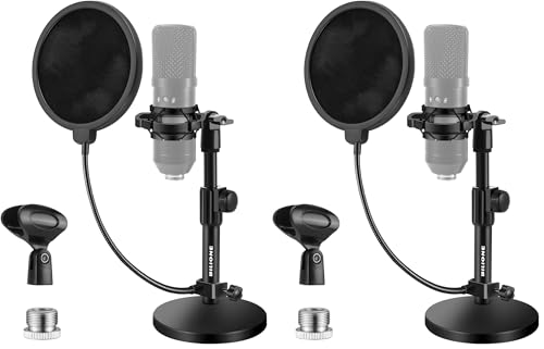 Multifunctional Desktop Microphone Stand, Adjustable Mic Stand Desk with Pop Filter, Shock Mount, Microphone Clip, 5/8" to 3/8" Metal Screw Adapter (Pack of 2) - size: Round Base (Pack of 2)