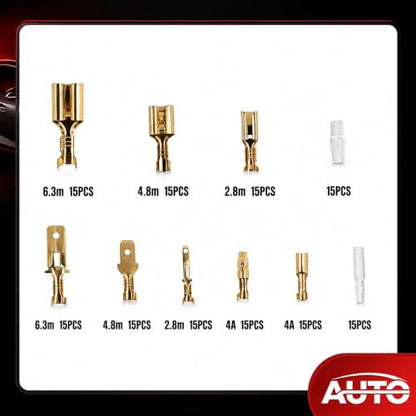 120Pcs Wire Spade Connector Crimp Terminal Block Kit | 2.8/4.8/6.3mm, Male and Female, Quick Splice, 16-20 Gauge Wires, Car Audio Speaker Electrical Wiring