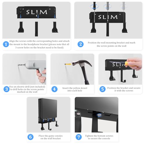 Wall Mount for PS4 Slim with Detachable 2 Controller Holder & Headphone Hanger, Metal Stealth Wall Mount Stand for Playstation 4 Slim - color: Black