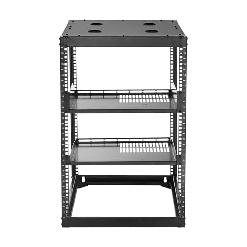 VEVOR 16U Open Frame Server Rack & Network Rack, Wall Mounted or Floor Standing, Heavy Duty 4 Post, with 2PCS Vented 1U Shelves & Mounting Hardware, Holds All 19'' Networking IT Equipment AV Gear - size: 16U Server Rack