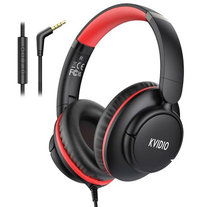 KVIDIO Wired Headphones with Microphone, Over Ear Foldable 3.5mm Plug in Corded Headphones with Volume Control, 4.9ft Tangle-Free Cord for Tablet Laptop MP3/4 School, Airplane Travel Black Red | Wired Over Ear Foldable Headphones for Teens Classroom Trave