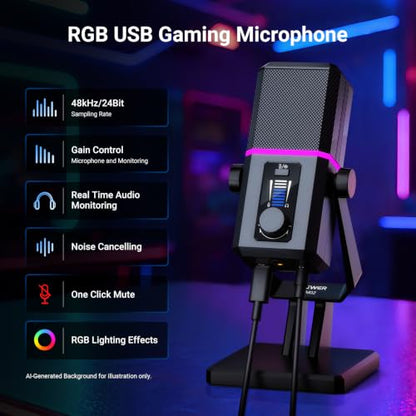 NEEWER UM02 RGB USB Microphone for Gaming Streaming Podcast, Cardioid Condenser Noise Cancellation Desk Mic for Headphone Monitoring Compatible with iPhone iPad Mac PC Android PS5/PS4 Pro/PS4