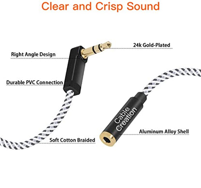 CableCreation Headphone Extension Cable 10FT/3m, 3.5mm Stereo Audio Cable | Aux Extender Cord 90-Degree Right Angle Male to Female Nylon Braided for Smartphones, Media Player, Car Stereos - size: 10 Feet
