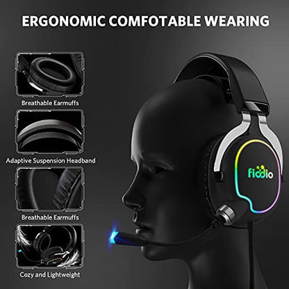 Gaming Headset with Surround Sound Stereo for Xbox One PS4 PC Switch Tablet, Noise Cancelling Over Ear Headphones with Mic, LED Light and Soft Memory Earmuffs for Laptop