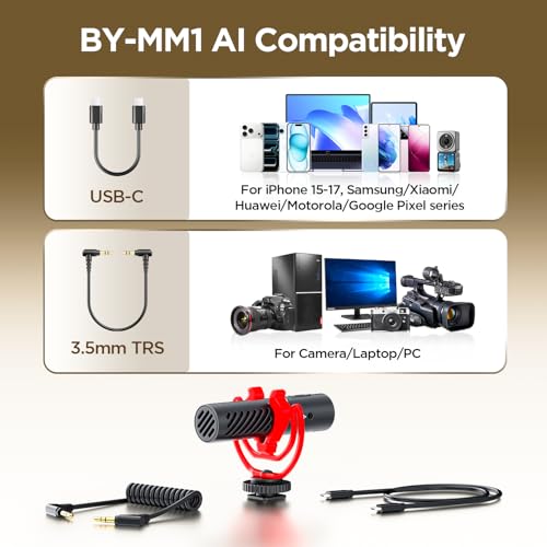 BOYA BY-MM1 AI On-Camera Shotgun Microphone for iPhone15/16/17, Android,DSLR Cameras Camcorders–Noise Reduction,EQ Presets,30Hrs Battery Video Mic for Vlog Podcast Streaming Recording(TRS/USB-C Cable)