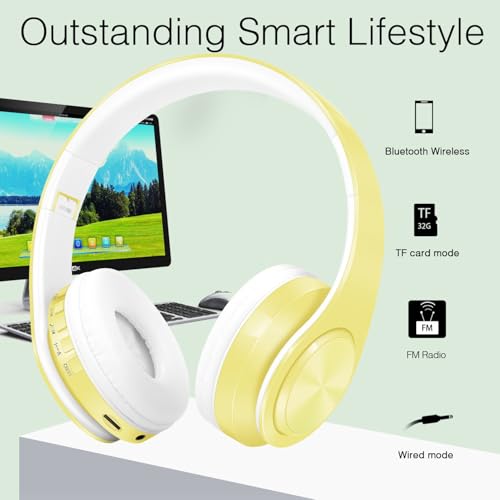 RAT TAIL V5.3 Bluetooth Headphones Over-Ear, Foldable Wireless and Wired Stereo Headset Micro SD/TF, FM for Cell Phone,PC,Soft Earmuffs &Light Weight for Prolonged Wearing (Yellow) - color: Yellow