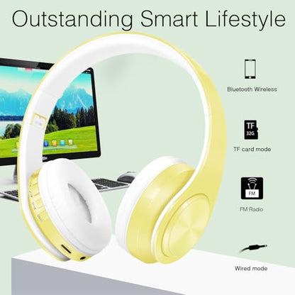 RAT TAIL V5.3 Bluetooth Headphones Over-Ear, Foldable Wireless and Wired Stereo Headset Micro SD/TF, FM for Cell Phone,PC,Soft Earmuffs &Light Weight for Prolonged Wearing (Yellow) - color: Yellow