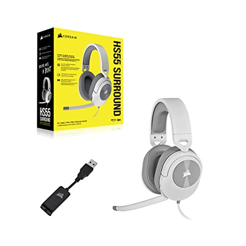 Corsair HS55 Surround v2 Multiplatform Gaming Headset – Dolby Atmos – Lightweight – Memory-Foam Leatherette – Omni-Directional Microphone – PC, Mac, PS5/PS4, Xbox Series X|S, Switch, Mobile – White