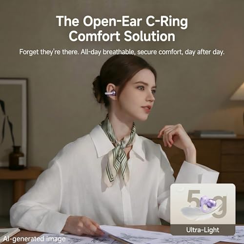 Clip-on Earbuds Hybrid Active Noise Cancel Ultra Comfort All-Day Wear Fit | Wireless Earbuds Bluetooth 5.4 w/ C-Shape Frame & Slim Hooks | 60H Playtime, Light Build for Glasses Wearers & Fitness Users - color: Purple