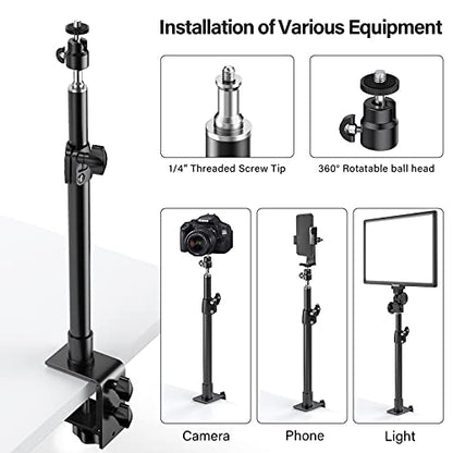 2-Pack Camera Desk Mount Stand with 1/4" Ball Head and Cold Shoe Mount Adapter,12.9-22" Tabletop Mounts Stand, Adjustable Aluminum Desktop Light Stand, for DSLR Camera, Ring Light, Video Light