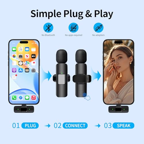 Wireless Microphone for iPhone iPad and Android Phone, 2 Pack Wireless Lavalier Lapel Mic with Noise Reduction, Plug and Play Mini Microphone for Video Recording Interview Podcast YouTube TikTok Vlog - size: All iPhones & Androids (USB-C + Lightning)