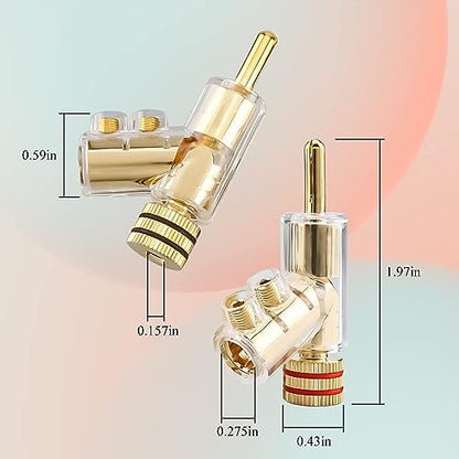 4X Banana Plugs Gold Plated 45° Angled Screw Locking Speaker Connectors for Sound Systems - color: Gold