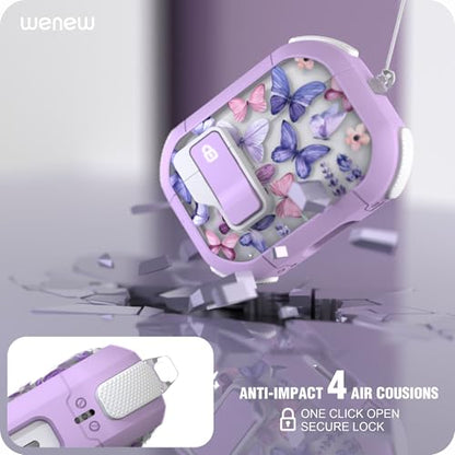 WENEW for AirPods Pro 3 Case (2025) Cover Secure Lock Automatic Snap Switch Clip Cleaner Kit Lanyard Women Stylish Flower Hard Shell Full Body Front LED Visible (Purple Butterfly, AirPods Pro 3) - color: Purple Butterfly, size: AirPods Pro 3