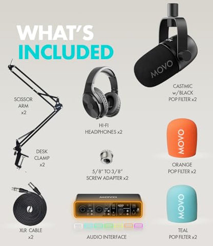 Movo Podcasting Equipment Bundle - Phantom USB Audio Interface, 2 CastMic XLR Dynamic Microphones, 2 Boom Arms and Headphones - Complete Studio Setup for Professional Podcasting and Streaming - style: with 2 Microphones, Boom Arms, Headphones