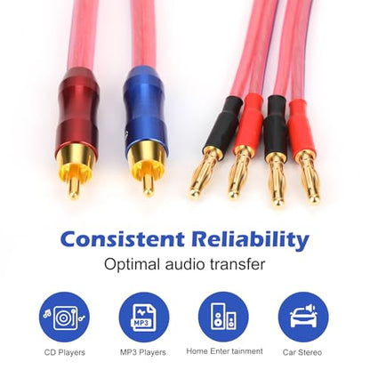 KK R1-B2-D0.5 4N OFC Speaker Wire Pair with RCA Male (Blue & Red) to 2 Pair Banana（4banana） Plugs 1.64Foot-Pair KK R1-B2-D0.5 - size: 2M/6.5Foot