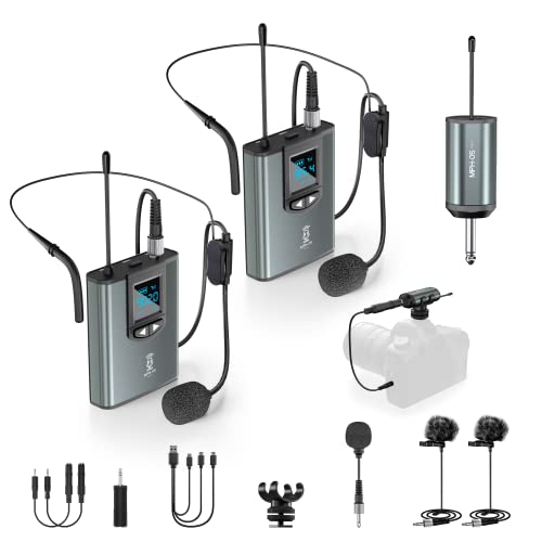 Wireless Microphone System for PA Speaker, Camera, Recording, Teaching | Headset/Stand/Lavalier Mic，Rechargeable Bodypack Transmitter Receiver， for Vlogging or Speech