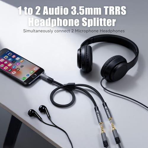 Dual Headphone Splitter with Microphone, 1/8 inch 3.5mm 4-Pole TRRS Male to Dual TRRS Female Audio Mic Y Splitter Cable (1Feet) for Gaming Headsets, Online Chat, Sharing Audio on PC,Laptop,Phone-2Pack - color: 3.5mm TRRS 1 Male to 2 Female Splitter, size: