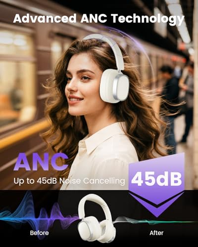 Active Noise Cancelling Headphones,78H Over Ear Headset | Bluetooth 6.0,Hi-Res,Low Latency,Foldable Bluetooth Headphones,Ideal for Travel,Workout,Office,Cellphone PC,Vanilla White - color: Vanilla White