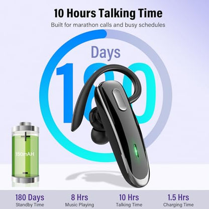Bluetooth Headset V5.4, Wireless Bluetooth Earpiece with Built-in Dual ENC Mic 10Hrs Talk Time 180 Days Standby for Cell Phone Computer, Mute Buttons Hands-Free Headphones for Trucker/Driver/Business