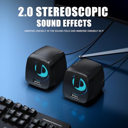 Computer Speakers for Desktop PC, 2.0 Stereo USB-Powered Speakers with 3.5mm AUX, in-Line Volume Control with LED Lights, Compact Plug and Play Speakers for Students, Teens, Monitor, Laptop
