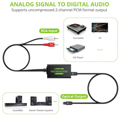 LiNKFOR Analog to Digital Audio Converter RCA to Digital Toslink SPDIF Optical Audio Converter with Optical Cable for Turntable CD DVD to Soundbar | RCA to Digital Toslink SPDIF Optical Audio Converter with Optical Cable for Turntable CD DVD to Soundbar -