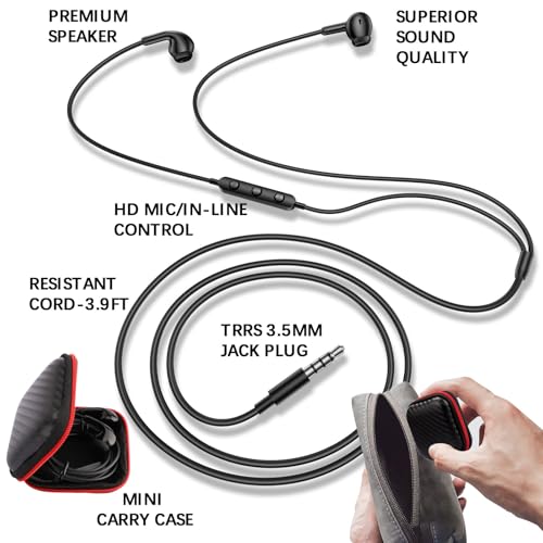 ASKUBSKU School Earbuds Wired 3.5mm Headphones with Mic for PC Laptop Black | Corded Earphone Stereo Clear Call Volume Control Semi in Ear Buds for Samsung A14 S10 A12 A25/Moto G Power School Travel