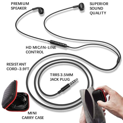ASKUBSKU School Earbuds Wired 3.5mm Headphones with Mic for PC Laptop Black | Corded Earphone Stereo Clear Call Volume Control Semi in Ear Buds for Samsung A14 S10 A12 A25/Moto G Power School Travel