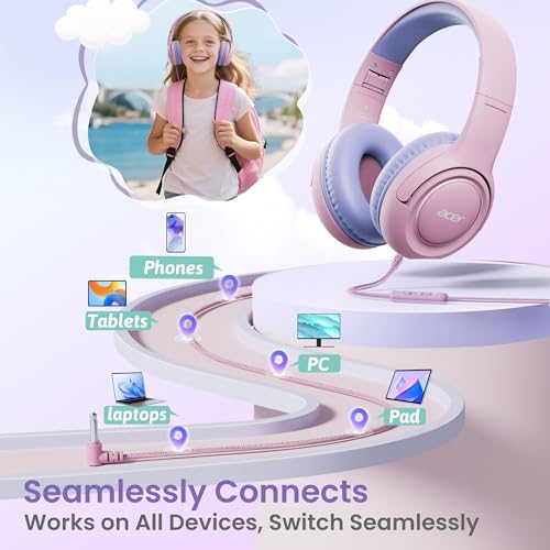 Acer Kids Headphones for School, 85-94dB Limiter, 3.5mm Jack, w/Mic HK03 | Foldable Wired Over Ear Headphones, for Toddler School/Tablet/iPad/PC/Travel, Pink-Purple - color: Pink Purple