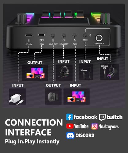 PUPGSIS Gaming Audio Mixer, Audio Interface for pc,1/4" TRS Dynamic Mic interface,Sound Board With voice changer, Pro-Preamp, Noise Cancellation, RGB, Bluetooth For Streaming/Podcasting/Gaming - color: Black