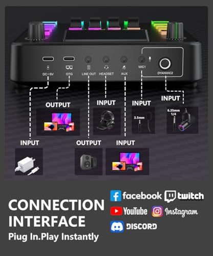 PUPGSIS Gaming Audio Mixer, Audio Interface for pc,1/4" TRS Dynamic Mic interface,Sound Board With voice changer, Pro-Preamp, Noise Cancellation, RGB, Bluetooth For Streaming/Podcasting/Gaming - color: Black