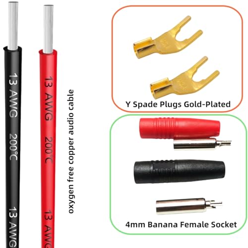 Spade to Banana Plug Cable 4-Pack 24K Gold OFC | 8-Inch, 13AWG, 24K Gold-Plated, OFC Pure Copper, 45-Degree Angled, Color-Coded, Amplifier, AV Receiver, Home Theater