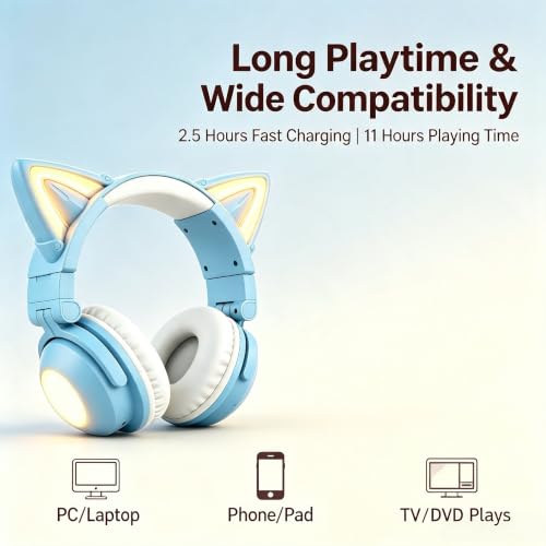 Cat Ear Headphones with Microphone,Gaming Headset,LED Lights | Bluetooth Over Ear Headphones,Dual Mode Wireless & Wired Headphones,Compatible with Phone/PC/Tablet/TV,Foldable,Blue - color: Blue