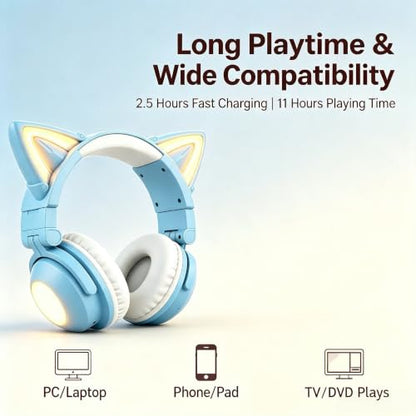 Cat Ear Headphones with Microphone,Gaming Headset,LED Lights | Bluetooth Over Ear Headphones,Dual Mode Wireless & Wired Headphones,Compatible with Phone/PC/Tablet/TV,Foldable,Blue - color: Blue