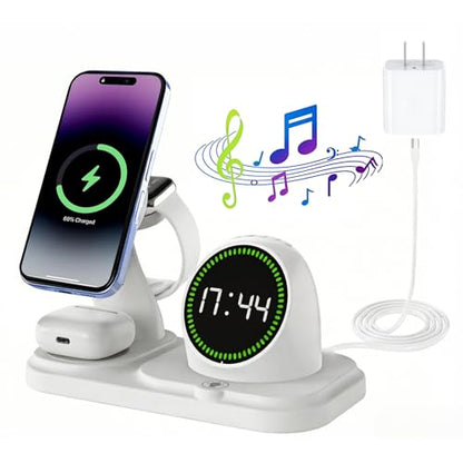 6‑in‑1 Wireless Charging Station with 30W Adapter, Blue-Tooth Speaker, Auto‑Sync Clock & RGB Night Light, Compatible with iPhone 12‑17/AirPods/Apple Watch and Select Android (Qi + Magnetic Required) - color: White