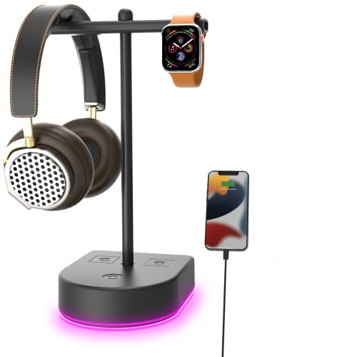 RGB Dual Headphone Stand with USB Charging Port, Desk Gaming Double Headset Holder，Durable Hanger Rack-Suitable for Desktop Table, Game, DJ, Earphone, PC, PS4, PS5, Xbox Gamer Accessories