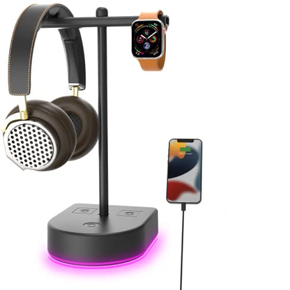 RGB Dual Headphone Stand with USB Charging Port, Desk Gaming Double Headset Holder，Durable Hanger Rack-Suitable for Desktop Table, Game, DJ, Earphone, PC, PS4, PS5, Xbox Gamer Accessories