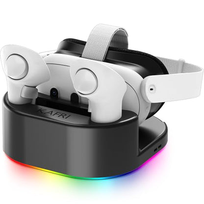 KAFRI Charging Dock for Meta/Oculus Quest 3/3s/2 Headset, VR Accessories Charger Station with RGB Light, Display Stand and 2 USB C Charger for Head Strap or Other Devices, Gamer Gift for Men Boyfriend