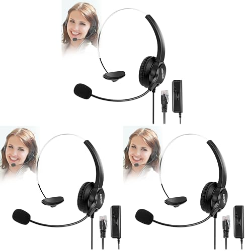 AGPTEK® Hands-Free Call Center Noise Cancelling Corded Monaural Headset Headphone for Desk Telephone with 4-Pin RJ9 Crystal Head (Pack of 3) - size: Monaural Headset (Pack of 3)