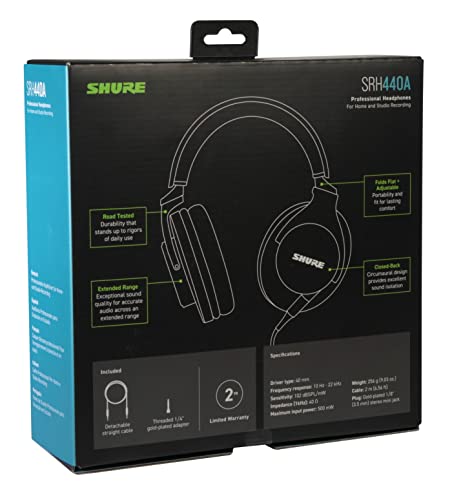 Shure SRH440A Over-Ear Wired Studio Headphones for Recording | Studio-grade closed-back headphones with enhanced frequency response and a collapsible design for monitoring - size: 3.25, style: Gen 2
