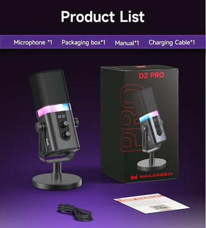 MAILANGSHI 192KHz/32bit Dynamic Podcast Microphone for PC, USB & XLR Mic with RGB Lighting, Desktop Stand, Mute Button, All-Metal Body, Gain & Volume Control, Gaming Microphone for Livestreaming