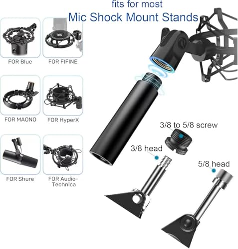 Microphone Mount Adapter Screw Set, 14 Pack, Black Aluminum Alloy, 3/8 Turn, 5/8 and 1/4 Thread, With Extension Tube, For Microphone Cantilever Camera Tripod Projector Stand, Fill Light