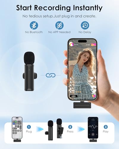 Wireless Mini Microphone for iPhone, iPad, Android Phone, 2 Pack Lavalier Mic with 360° Rotatable Clip, Plug and Play Noise Reduction USB-C Lapel Mic for Video Recording YouTube Content Creators