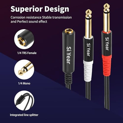 1/4" Stereo to Dual 1/4" Mono Splitter Cable, 6.35mm (Quarter inch Female TRS to 2 x 1/4 Inch Male Y Splitter Breakout Cable Patch Cord (1ft/30cm) - color: 6.35F-2X6.35-30cm