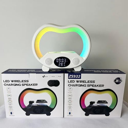 IHAO 6in1 Wireless Charging Station with Bluetooth Speaker Time&Temperature Display Alarm Clock 7-Color LED Night Lights Fast Charger for Phone, Apple Watch, Earbuds Remote Control Auto Shutoff-White - color: 6in1 Wireless Charger Alarm Clock ZS932 White
