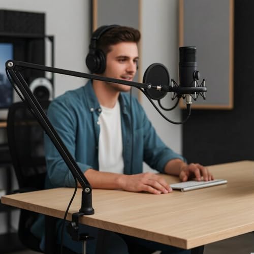 Professional Mic Arm Desk Mount Heavy Duty All Metal Microphone Boom Arm with Hidden Cable Management 360° Adjustable Mic Stand for Studio Recording Streaming