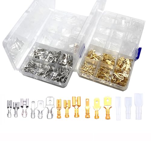 630 Pcs 2.8/4.8/6.3mm Speaker Wire Connectors with Insulating Sleeve, Quick Splice Male and Female Spade Terminal Assortment Kit for Electrical Wiring, Silver and Gold Each 315Pcs