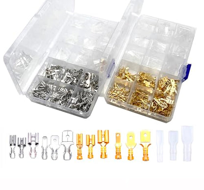 630 Pcs 2.8/4.8/6.3mm Speaker Wire Connectors with Insulating Sleeve, Quick Splice Male and Female Spade Terminal Assortment Kit for Electrical Wiring, Silver and Gold Each 315Pcs