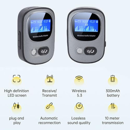 Diyeeni Bluetooth 5.3 Transmitter Receiver for 2xAirPods or BT Devices, Wireless Adapter with Dual 3.5mm Ports for TV & PC, AptX Low Latency, OLED Display, 18hrs Playback