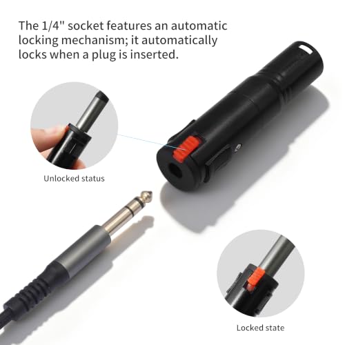 Balanced Lockable 1/4 to XLR Adapter Locking 6.35mm 1/4 Female to 3Pin XLR Male Audio Adapter for Mixing Console Microphone 2pcs