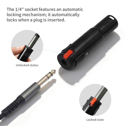 Balanced Lockable 1/4 to XLR Adapter Locking 6.35mm 1/4 Female to 3Pin XLR Male Audio Adapter for Mixing Console Microphone 2pcs